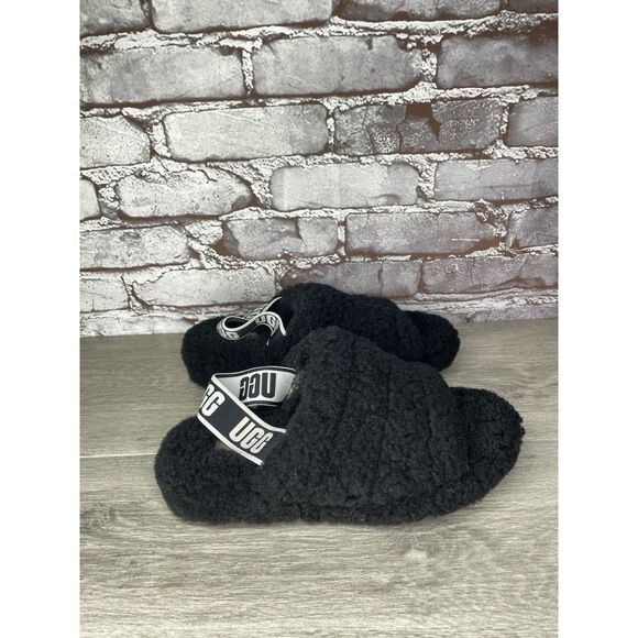 UGG Fluff Yeah Black Sheepskin Fur Slingback Slippers Sandals Women’s 8M US/39EU - Picture 3 of 16
